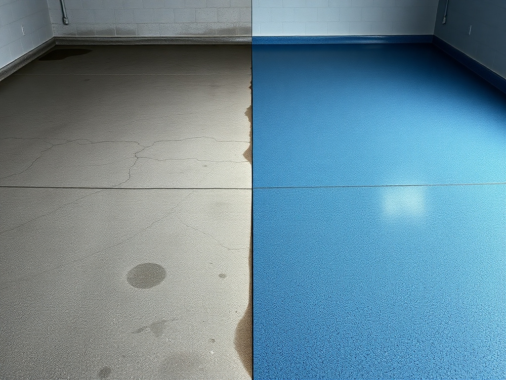 Before and after: cracked, stained bare garage concrete transformed into a glossy coated floor