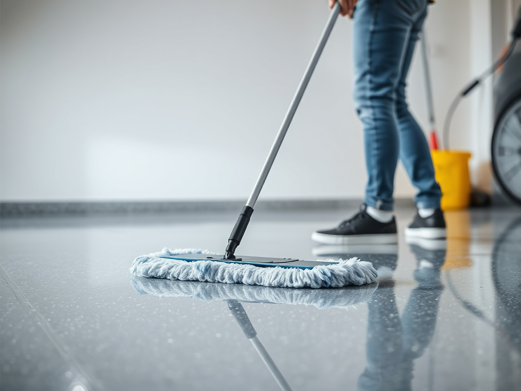 A coated garage floor being easily cleaned with a microfiber mop